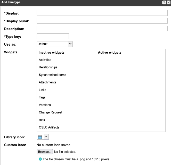 Add item type window shows the following fields: Display, Display plural, Description, Type key, Use as, Widgets and Image.