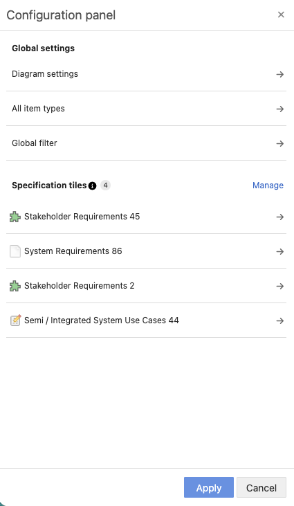 Configuration panel lists all specification tiles in the diagram.