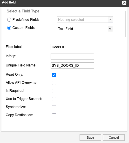 Options for the Add field window.