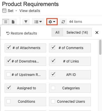 The gear icon displays available fields where you can choose which are visible.