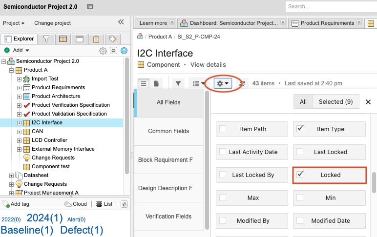 Use gear icon to enable Locked field in List view to help identify locked items.