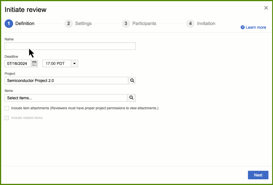 This video shows a cursor completing the workflow to initiate a review in the review wizard dialog. The name of the review is entered and items to be reviewed are selected under the first step: Definition. The cursor then selects Next. The Settings page opens and the cursor selects Next. The Participants page opens, the cursor selects a participant, then selects Next. A customizable invitation is generated on the Invitation page. The cursor s