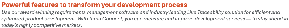 The Jama Support Knowledge base displays the heading "Powerful features to transform your development process."