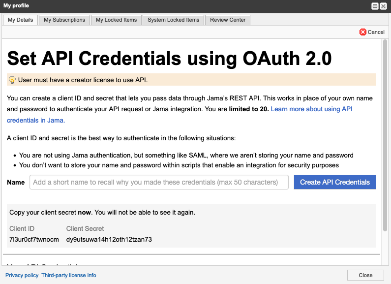 The My Profile window displays instructions for setting API Credentials, and includes a button, Create API Credentials.