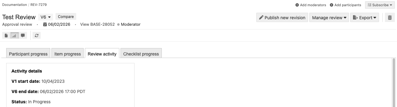 Table with the review activity tab selected.