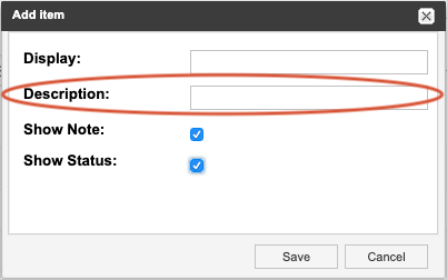 The Description field of the Add item window is highlighted.