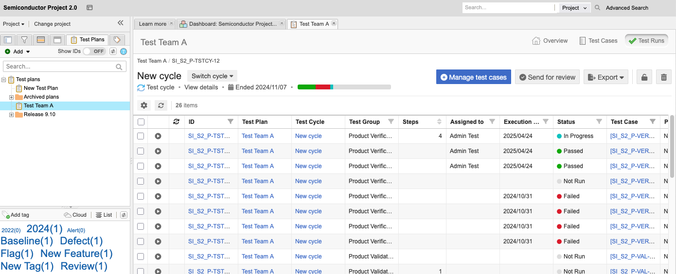 The New Test Plan panel shows that the Test Runs view is selected in the upper right corner.