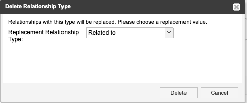 The Delete Relationship Type window includes an option to select a replacement type.